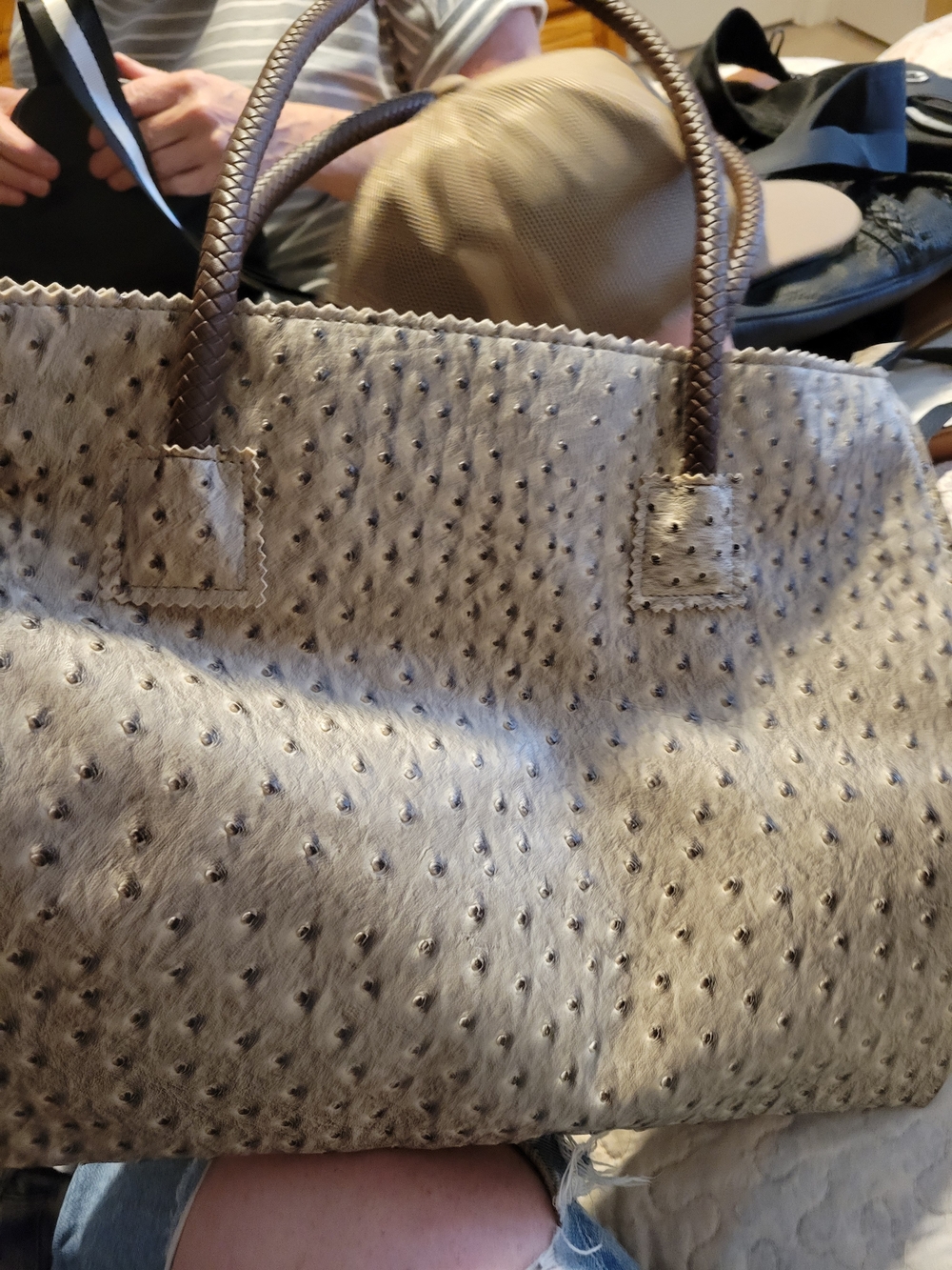 Textured Taupe Ostrich-Style Tote Bag with Braided Handles